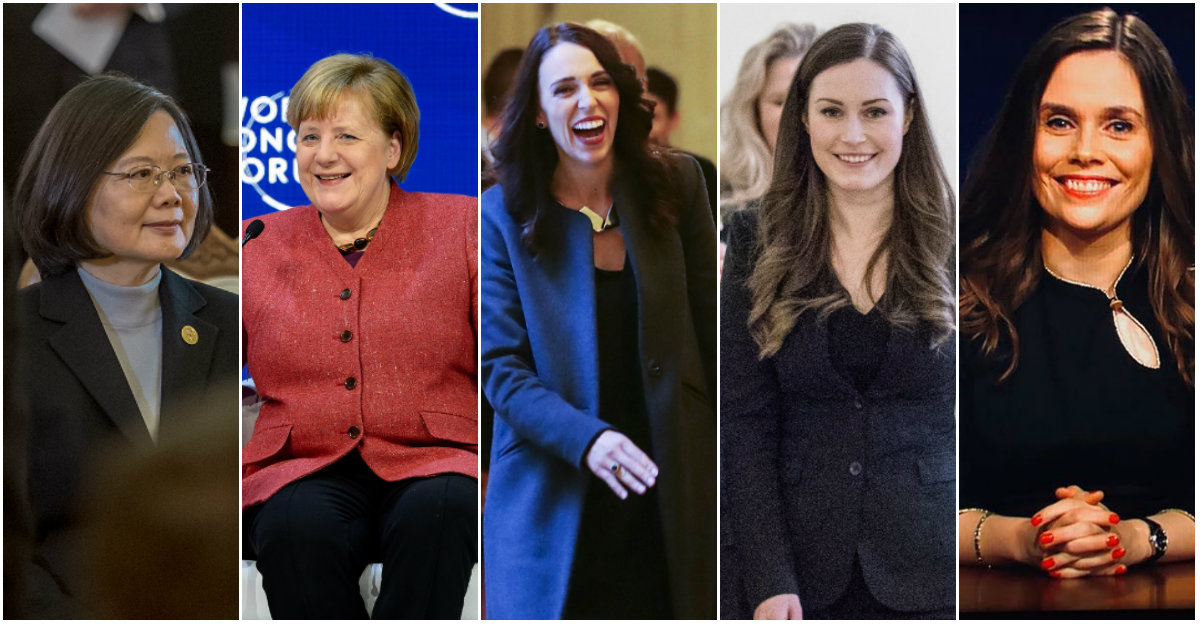 Tsai Ing-wen (Taiwan), Angela Merkel (Alemaha), Jacinda Ardern (Nova Zelândia), Sanna Marin (Finlândia) e Katrín Jokobsdóttir (Islândia)